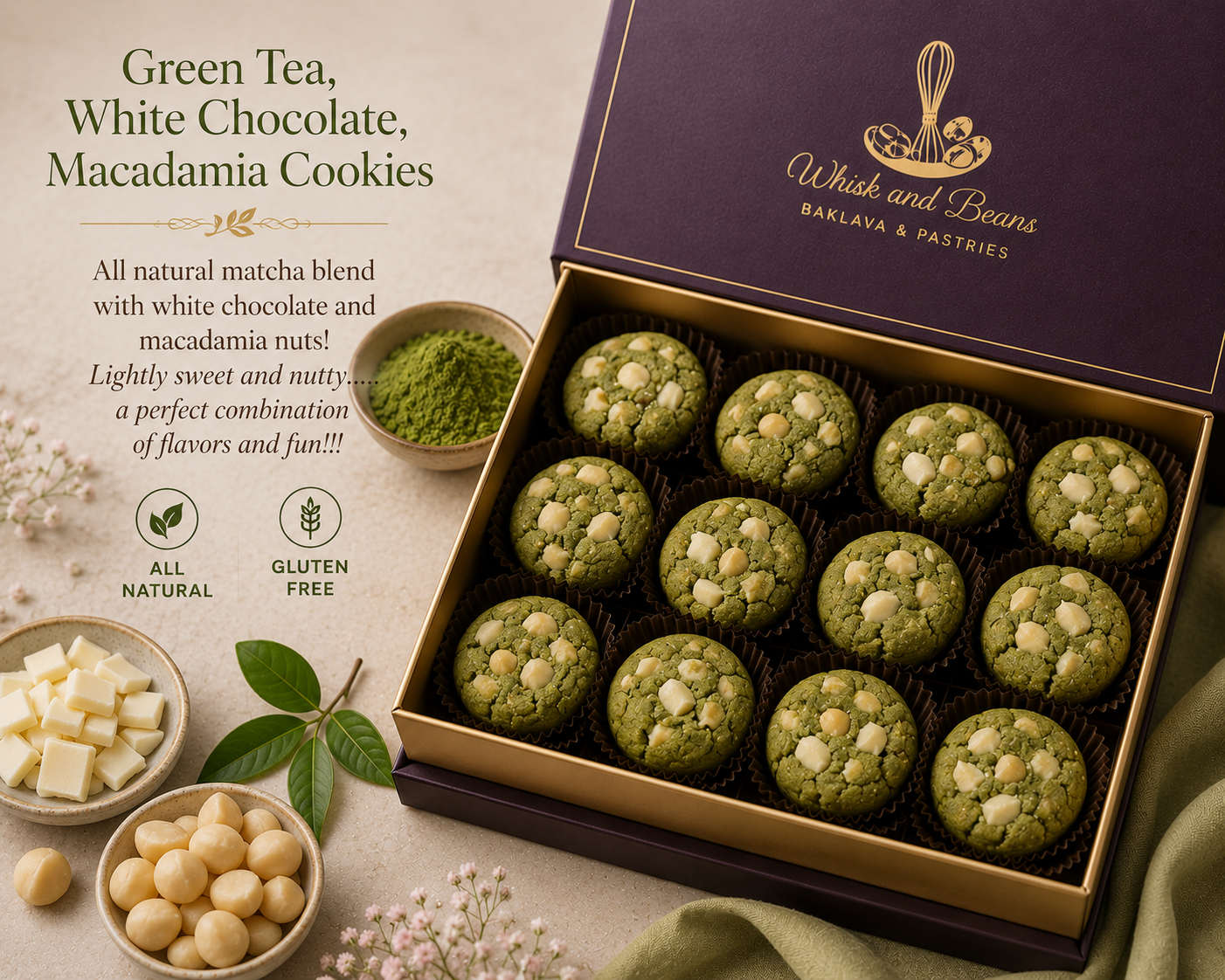 Gluten-free Matcha-Macadamia Cookies